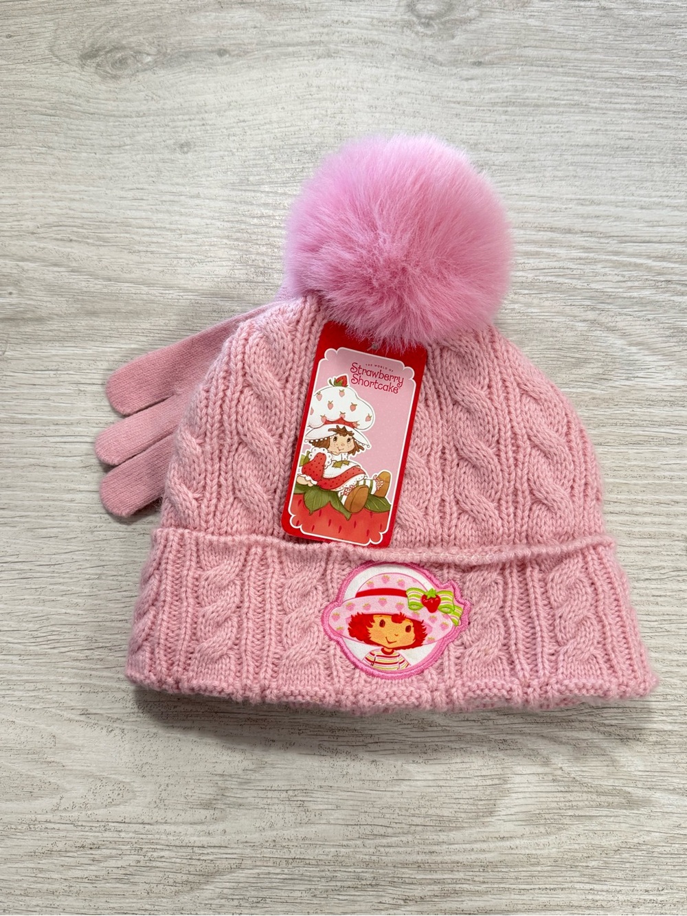 Strawberry Shortcake Pink Pom-Pom Knit Hat with Matching Gloves